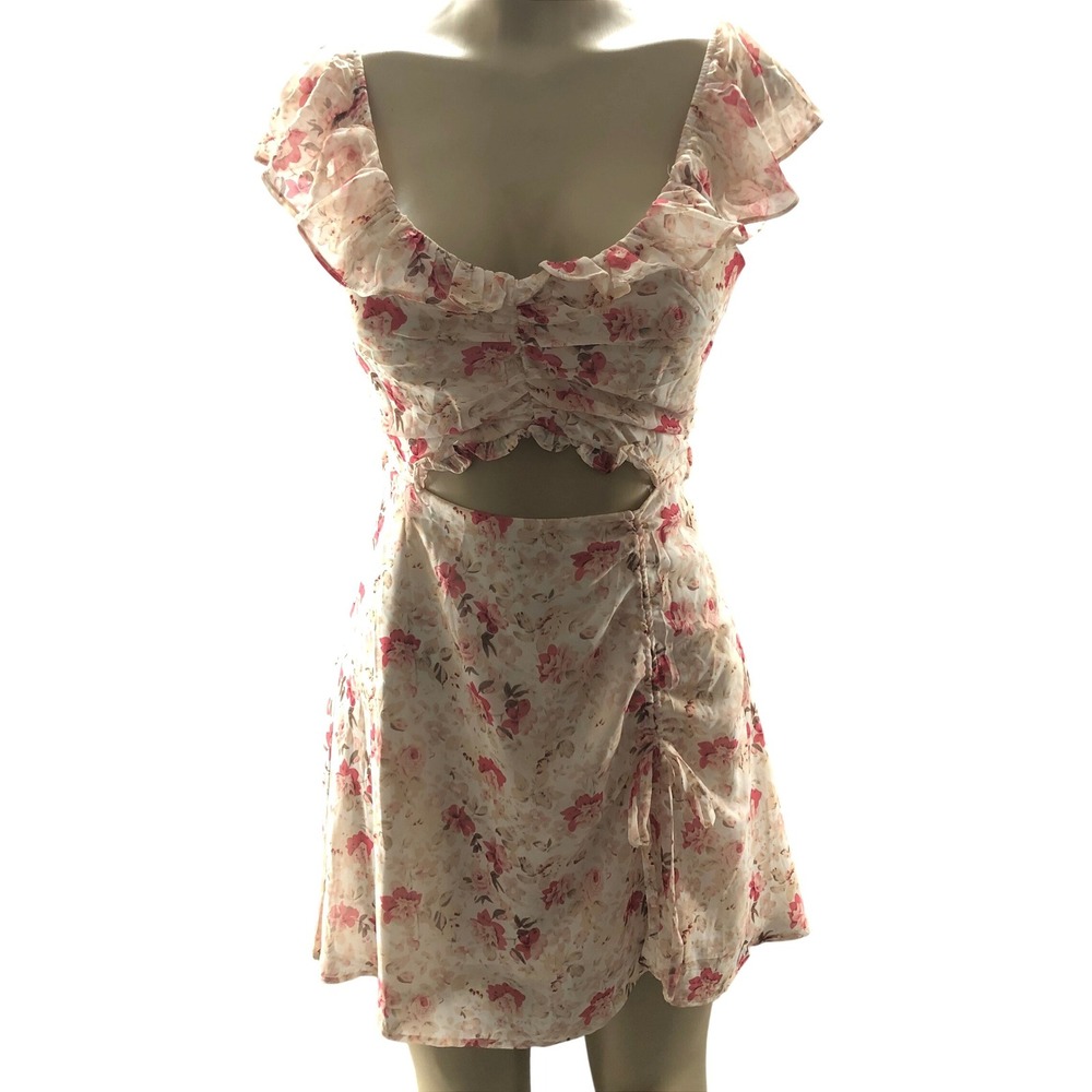 Mika & Gala Floral Cutout Mini Dress Womens 8 Pink Cream Ruffle Ruched Coquette